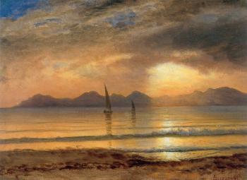 Albert Bierstadt : Sunset Over A Mountain Lake